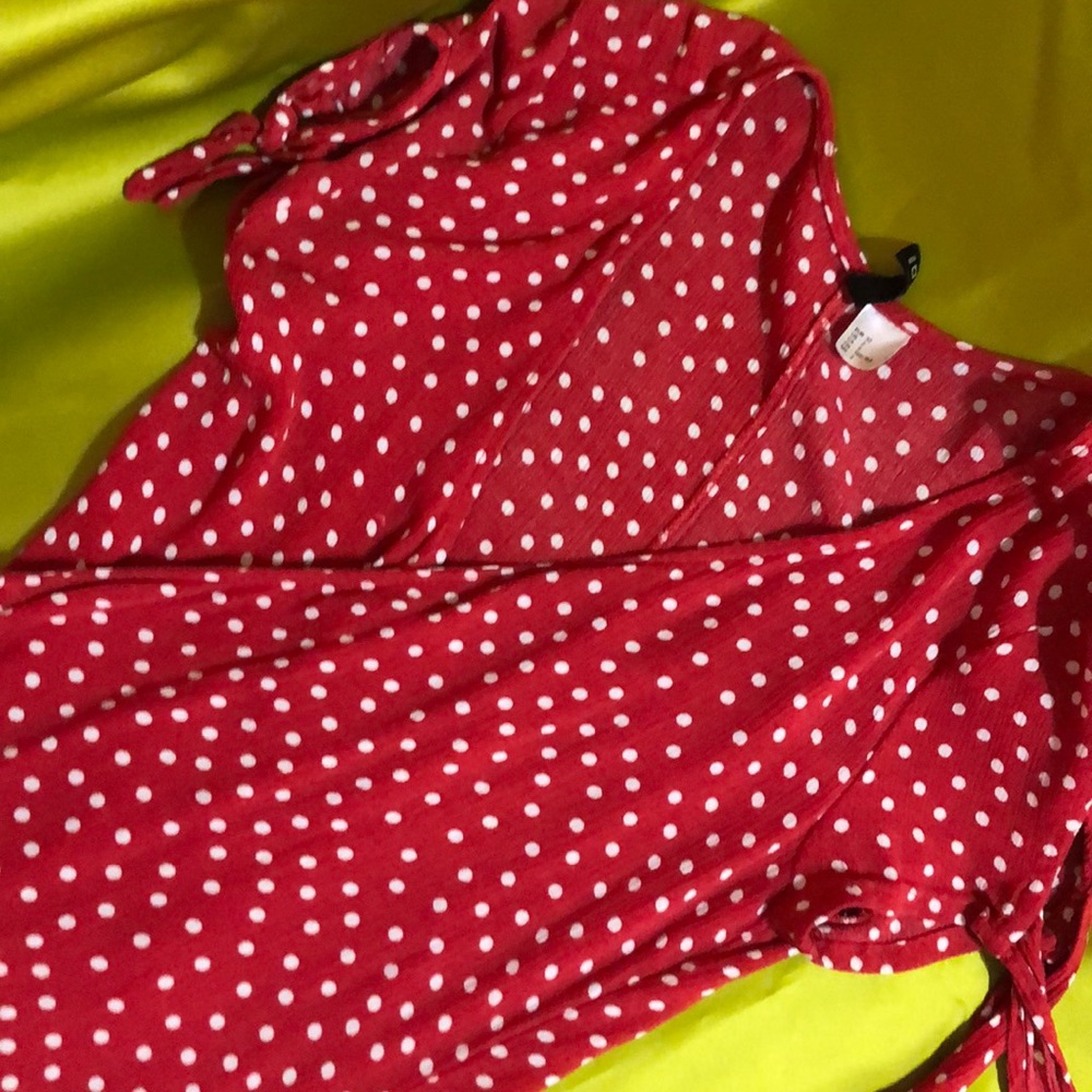 Red polka dot wrap dress